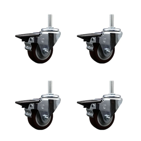 Service Caster 3 Inch Maroon Polyurethane Wheel Swivel 58 Inch Threaded Stem Caster Set with Brake SCC SCC-TS20S314-PPUB-MRN-PLB-58212-4